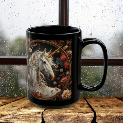 William Morris Inspired Victorian White Unicorn Botanical Black Coffee Mug 11oz, 15oz - Unique Gift for Tea Lovers, Floral Mug, Gift for