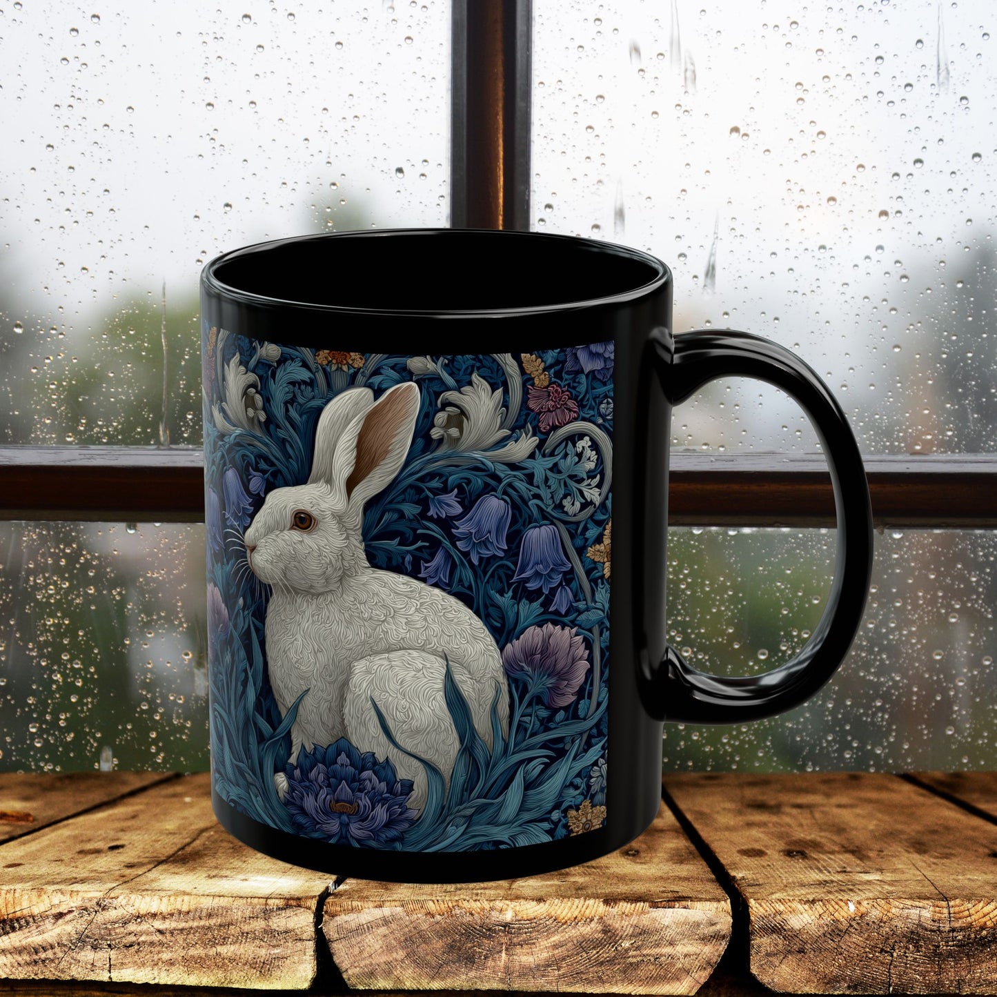 Rabbit Floral Black Mug, Vintage William Morris Style Bunny Coffee Cup (11oz/15oz)