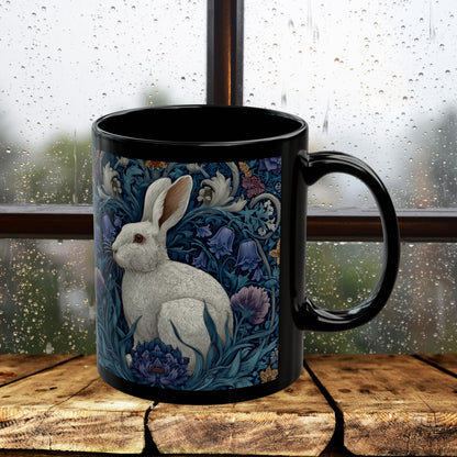 Rabbit Floral Black Mug, Vintage William Morris Style Bunny Coffee Cup (11oz/15oz)