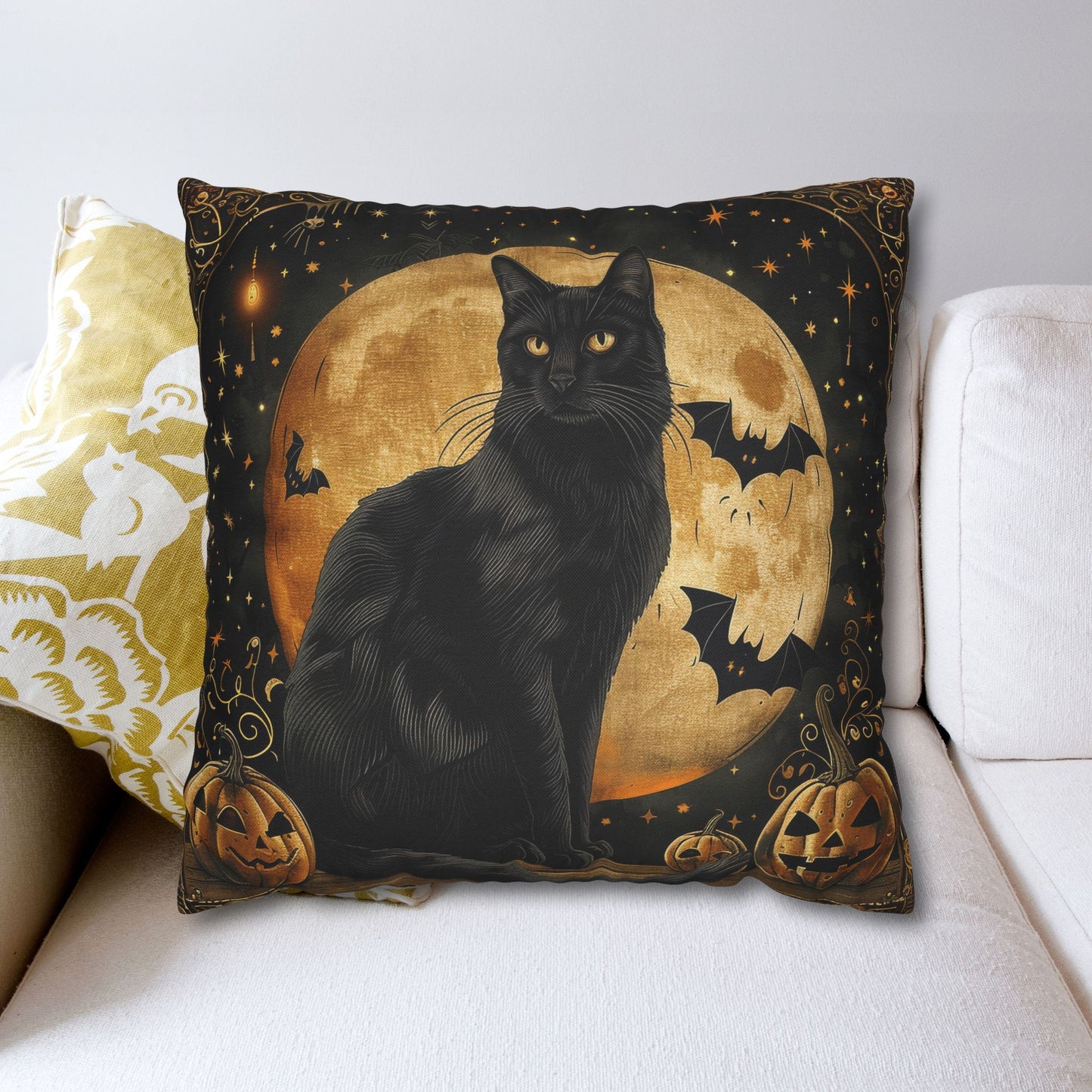 Art Deco Full Moon Black Cat Halloween Home Decor Pillowcase