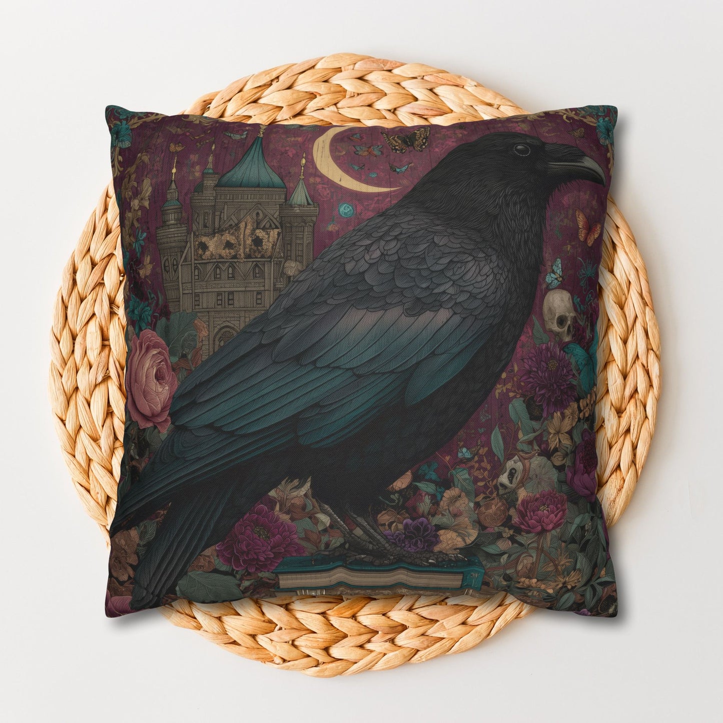 Mystical Raven Gothic Pillowcase with Floral Castle Art – Spooky Halloween Decor, Dark Academia Throw Pillow