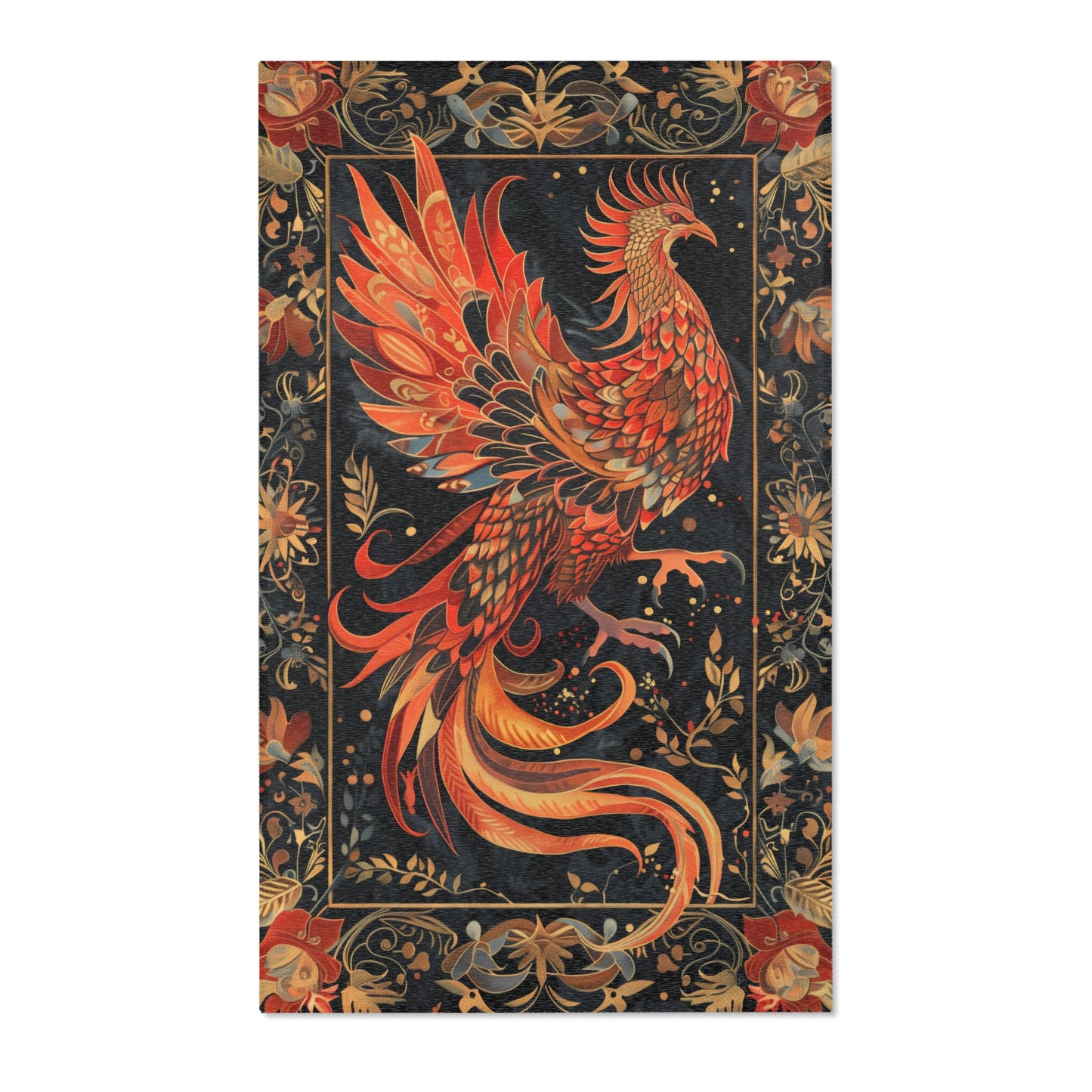 hoenix Rising Tapestry Area Rug – Elegant Black & Gold Mythical Bird Design for Living Room, Bedroom, or Entryway