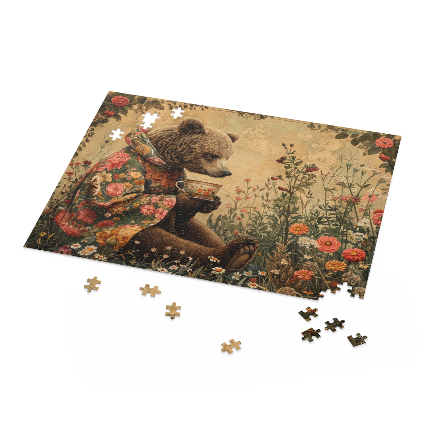 Tea Time Bear Wildflower in William Morris Style (120, 252, 500-Piece) Adult Jigsaw Puzzle, Gift Him Her