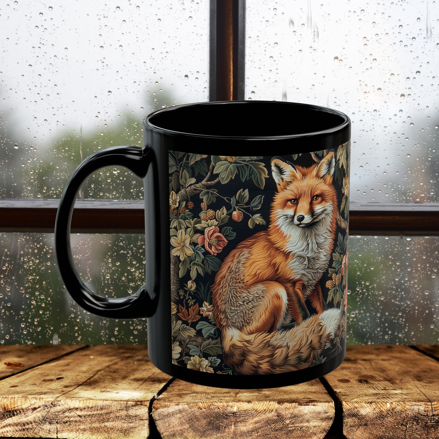 Forest Fox William Morris Inspired | Fox Ancient Black Coffee Mug For Her Him Ceramic Mug Black Mug 11oz, 15oz