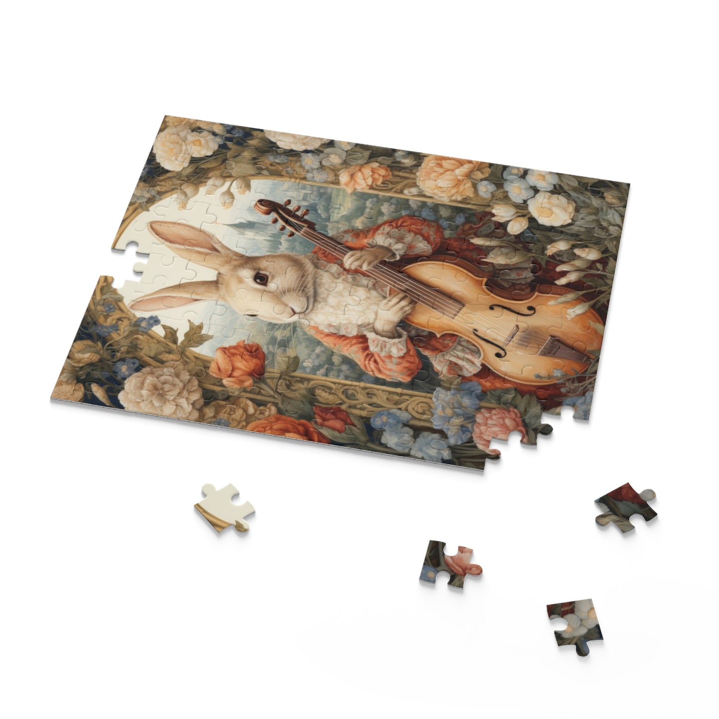 William Morris Inspired Victorian Rococo Rabbit Plays The Cello  Jigsaw Puzzle (120, 252, 500-Piece)