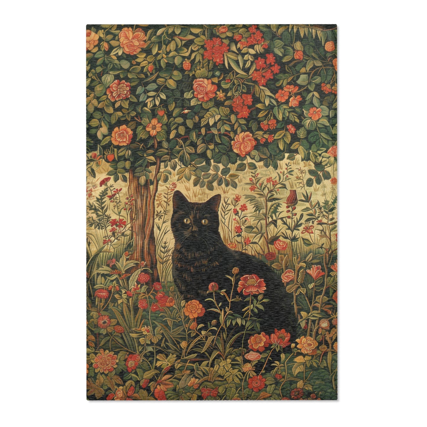 Black Cat Floral Garden, Art Deco Style Home Decor,  Black Cat Rectangle Area Rug Living Room Carpet Decor