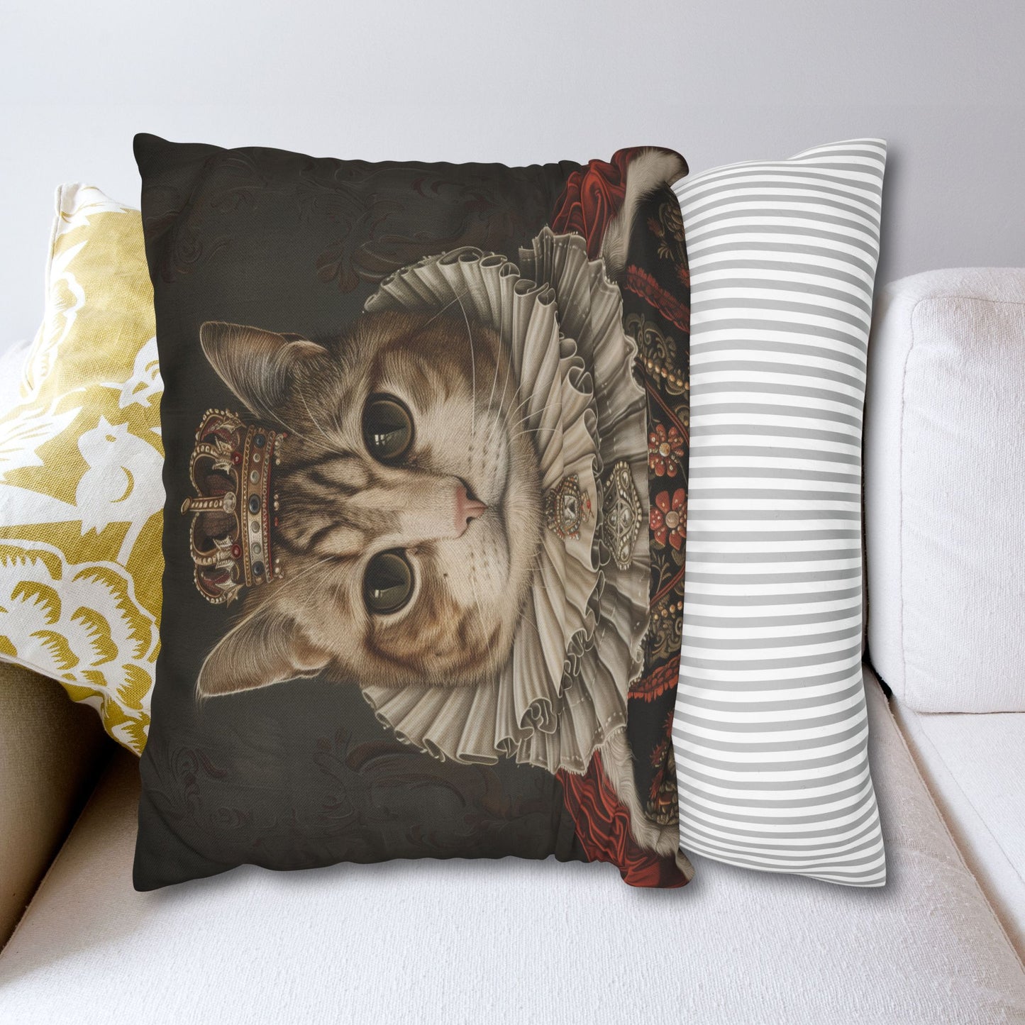 Royal Cat Pillowcase,  Aristocratic Kitty Cushion in Crown & Renaissance Attire, Whimsical Pet Portrait Home Décor