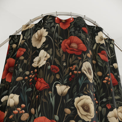 William Morris Inspired Botanical Floral and Red Poppies Polyester Shower Curtain