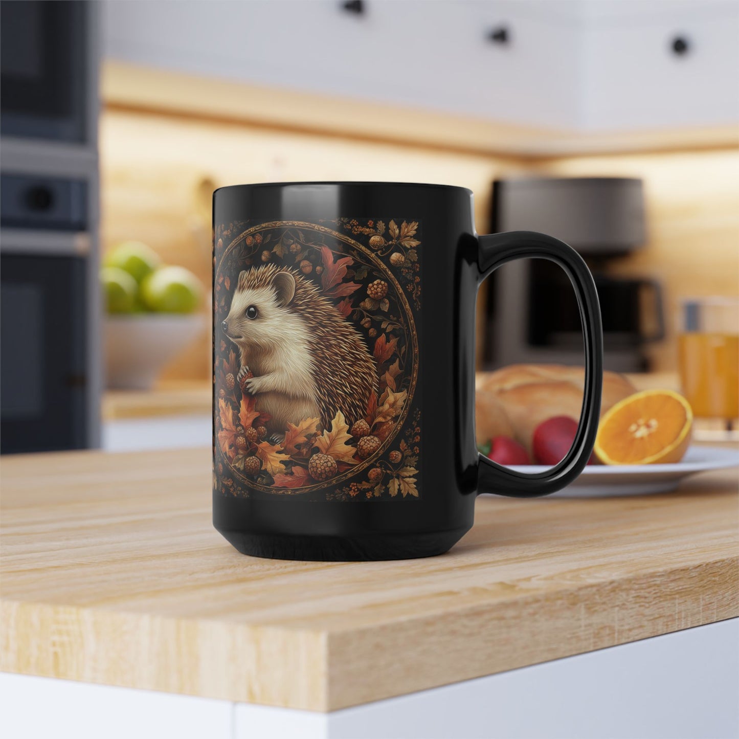 William Morris Inspired Hedgehog Acorns, Fall Vibes Black Coffee Mug For Her Him, Gift for Nature Lover,