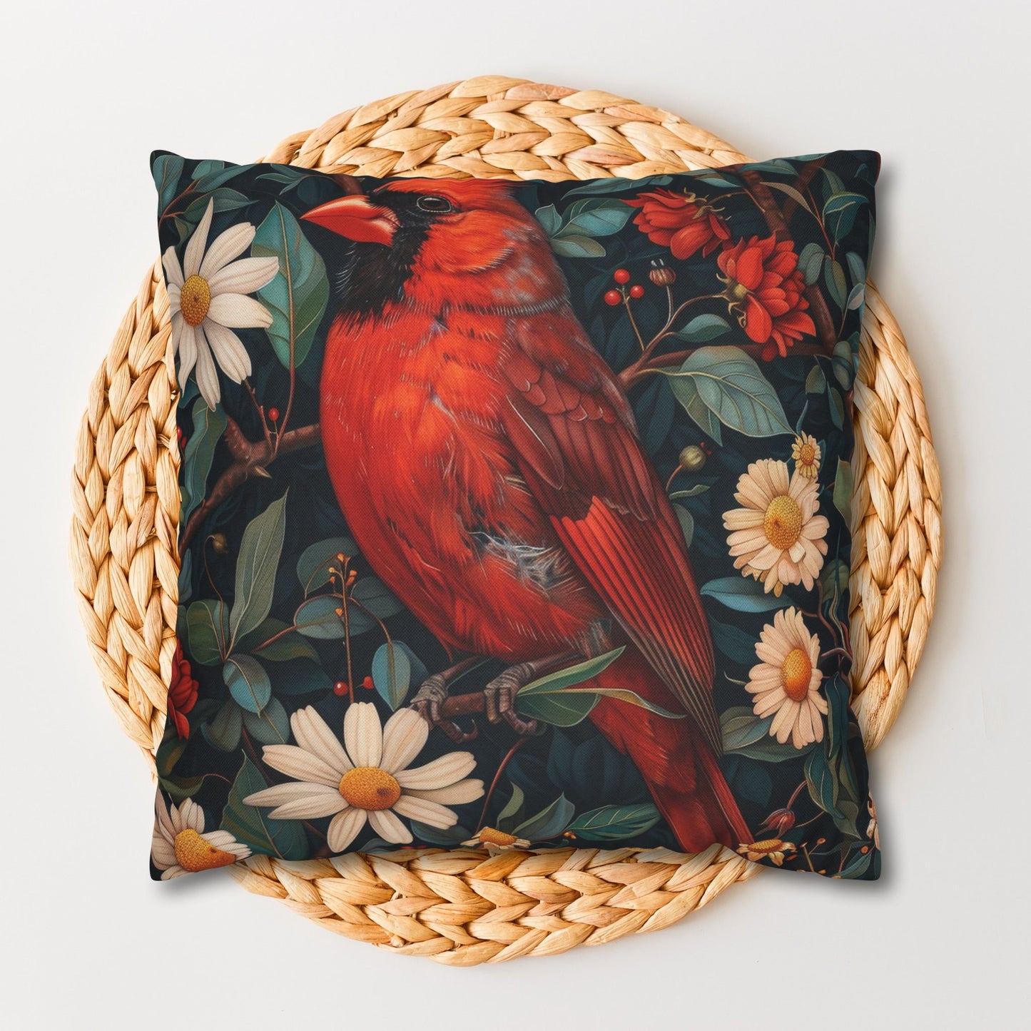 William Morris Inspired Botanical Red Cardinal Pillowcase, Bird Decorative Home Decor Pillowcase