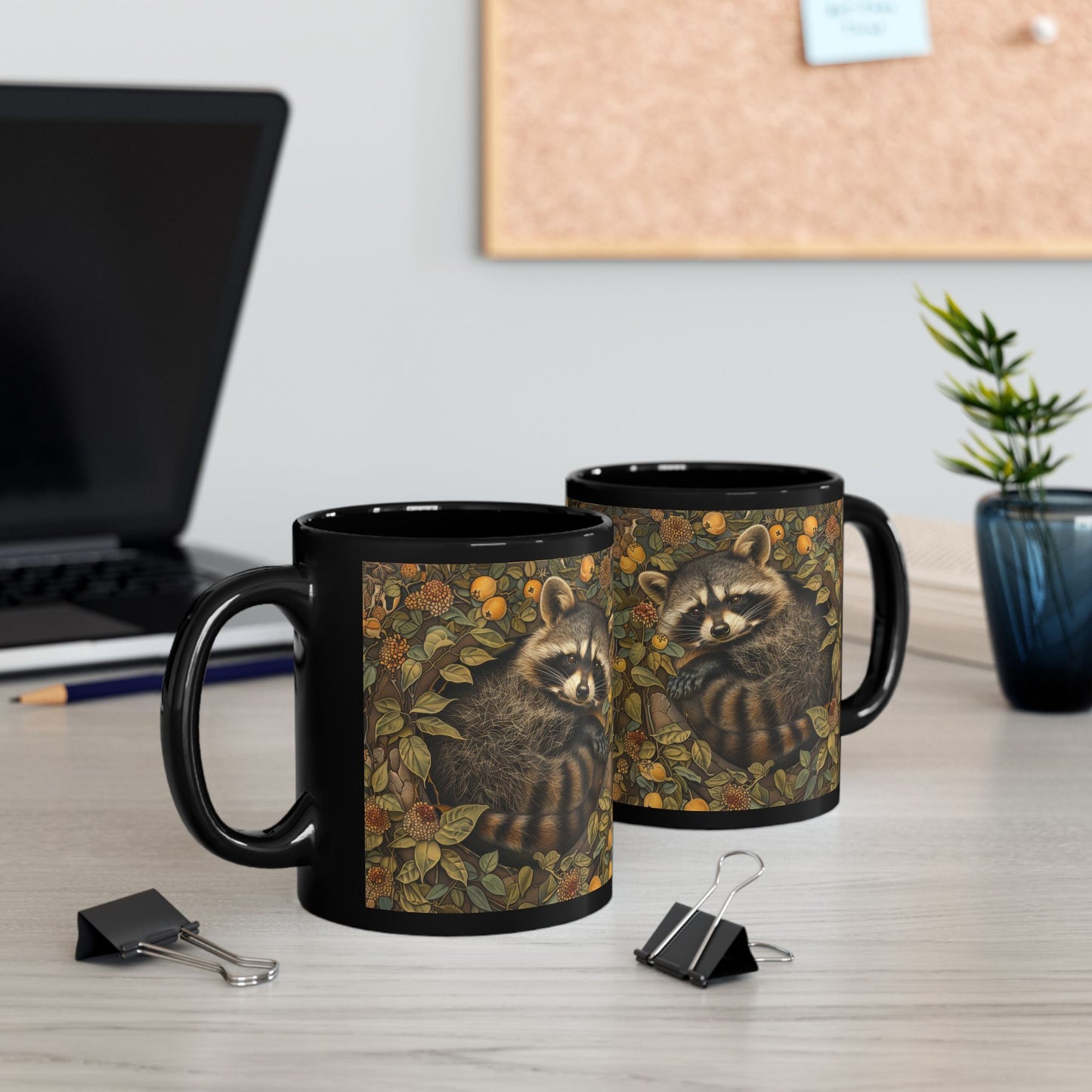 Woodland Raccoon William Morris Inspired Black Mug (11oz, 15oz)