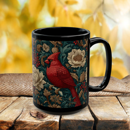 Red Cardinal Coffee Mug William Morris Inspired Floral Black Ceramic Cup (11oz, 15oz)