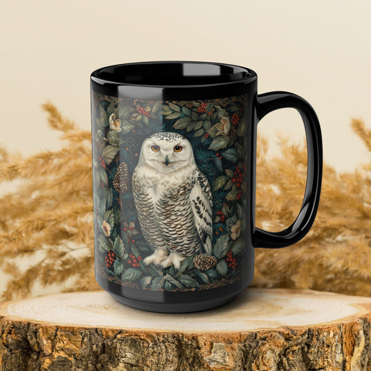 Snowy Owl Winter Mug: Black Ceramic Holiday Coffee Cup (11oz,15oz)