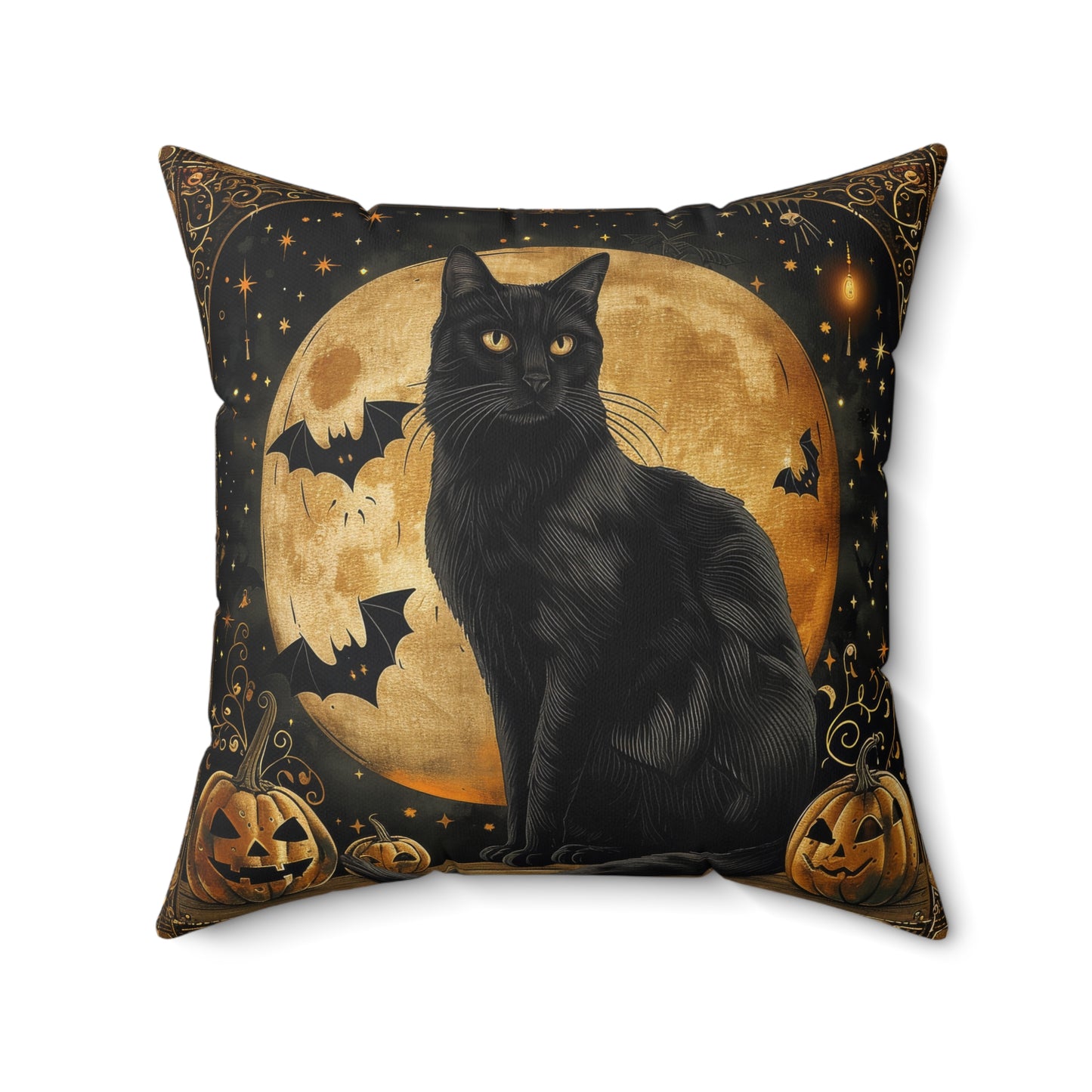 Square Pillow - Art Deco Full Moon Black Cat Halloween Home Decor Pillow