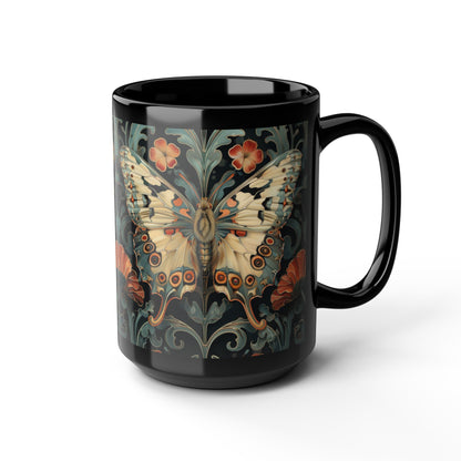 Woodland Botanical Butterfly William Morris Inspired Black Coffee Mug For Her Him Ceramic Mug Black Mug 11oz, 15oz