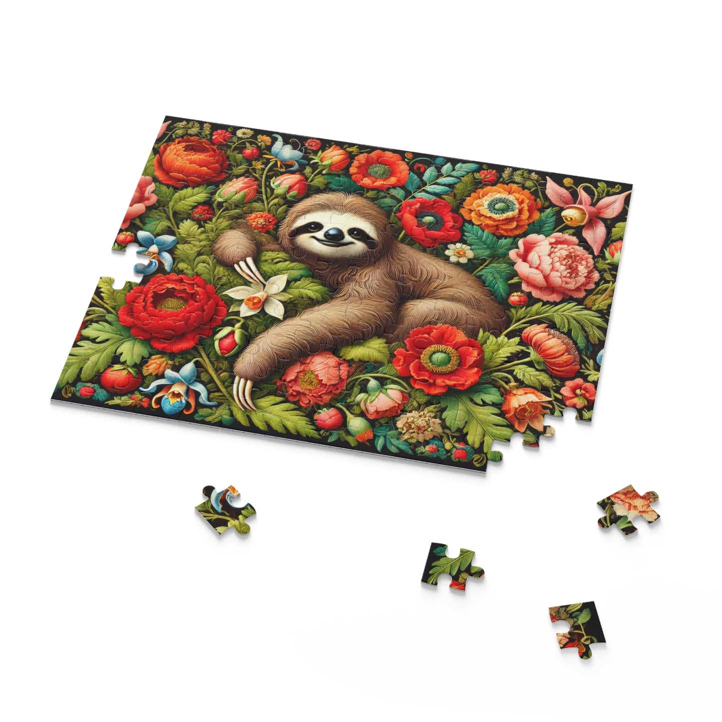 William Morris Inspired Cozy Sloth Floral Puzzle (120, 252, 500-Piece) Fun Family Activity, Nature Lover Gift, Perfect for Relaxation