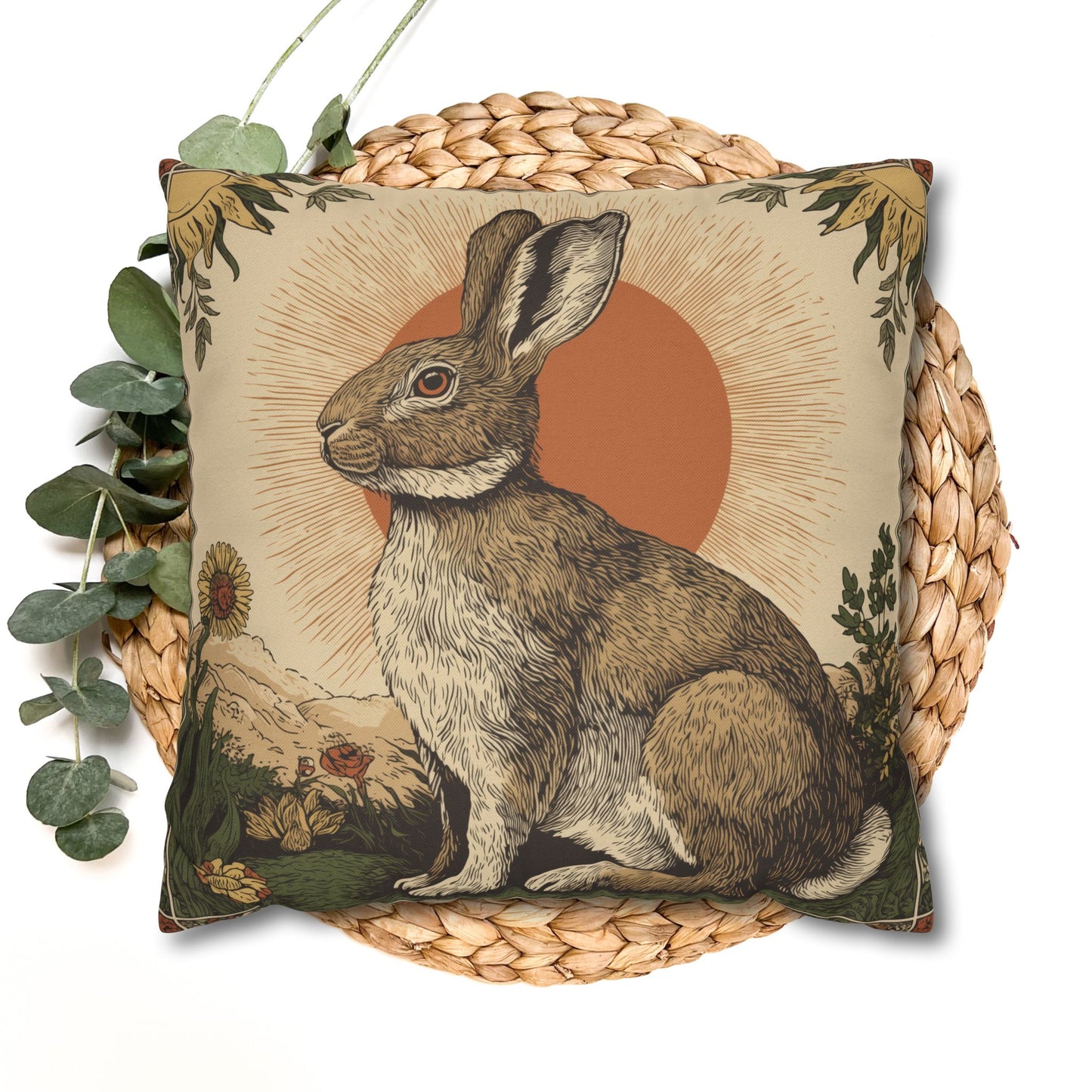 Retro Botanical Rabbit Pillowcase , Rustic Rabbit Sunburst Throw Pillow Cover