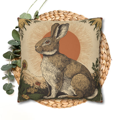Retro Botanical Rabbit Pillowcase , Rustic Rabbit Sunburst Throw Pillow Cover