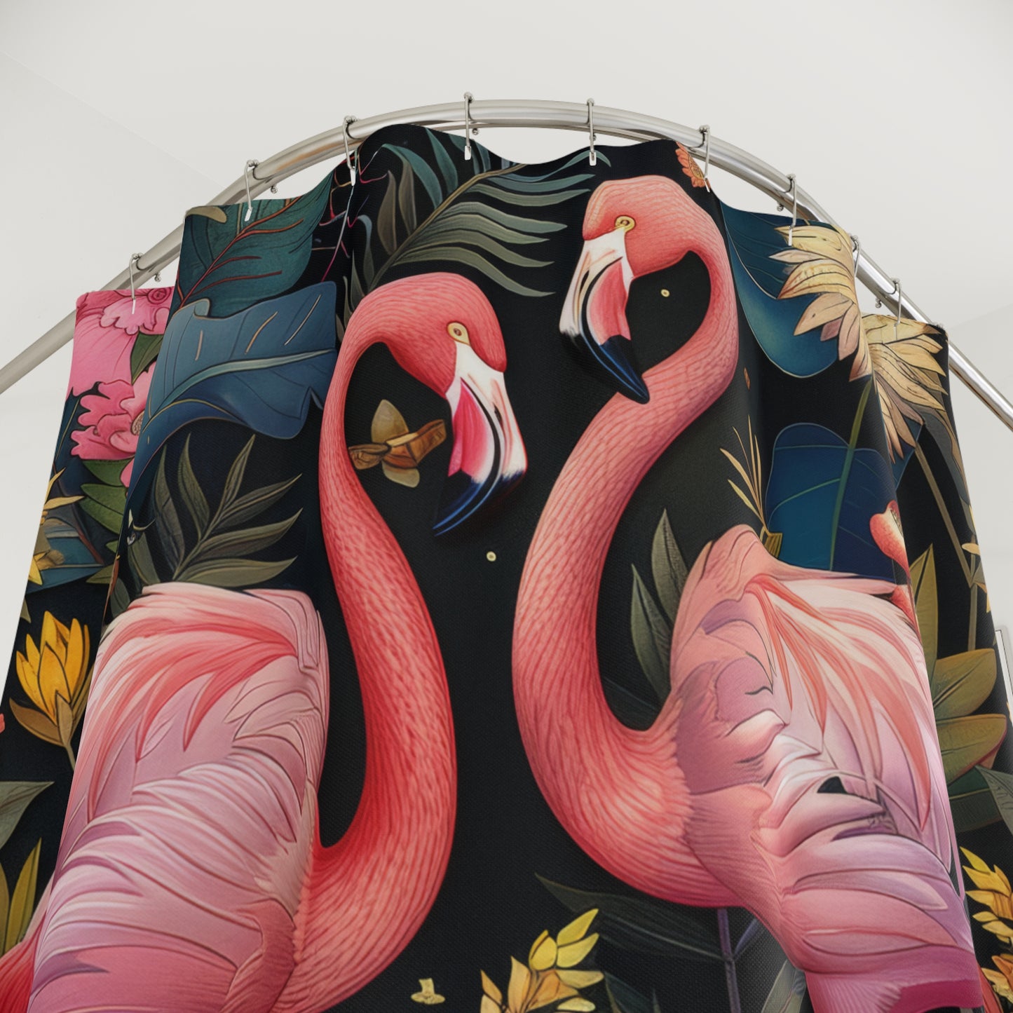 William Morris Inspired Botanical Pattern With Pink Flamingos Polyester Shower Curtain