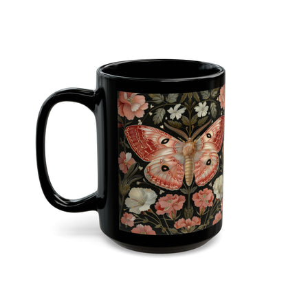 Woodland Pink Primrose Moth William Morris Inspired Black Coffee Mug For Her Him Ceramic Mug Black Mug 11oz, 15oz