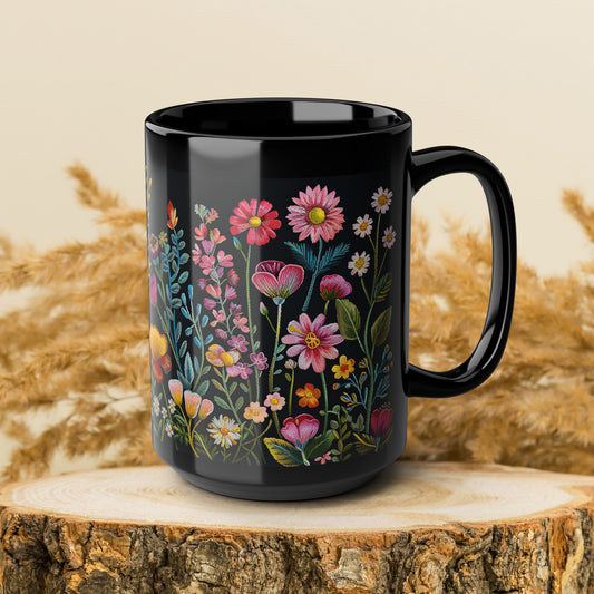 Embroidery Beautiful Wildflowers Black Coffee Mug, Wildflowers Kitchenware Black Mug 11oz, 15oz ,