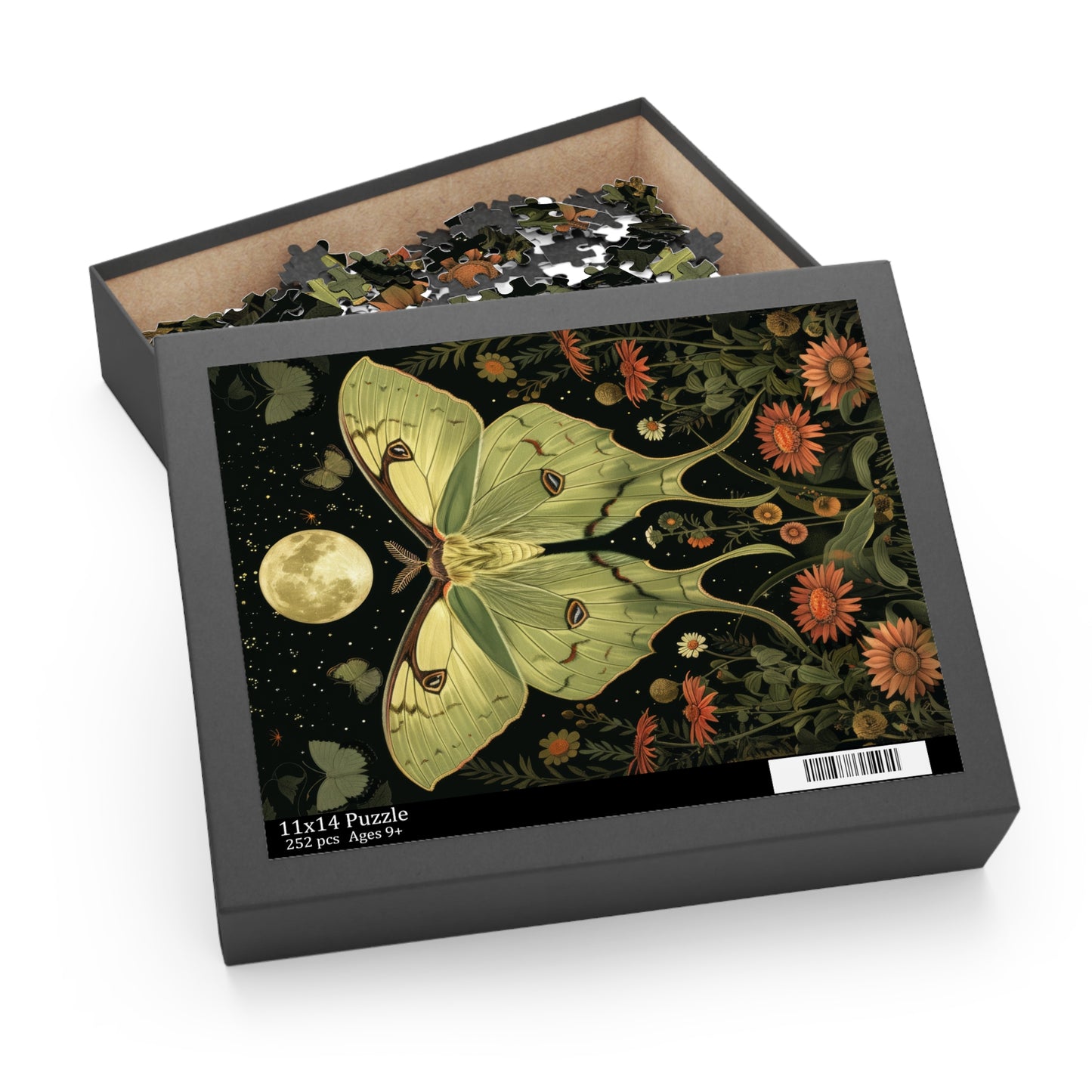 William Morris Inspired Magical Green Luna Moth Night Moon Puzzle Box (120, 252, 500-Piece) Family Jigsaw Puzzle, Puzzle Box Gift