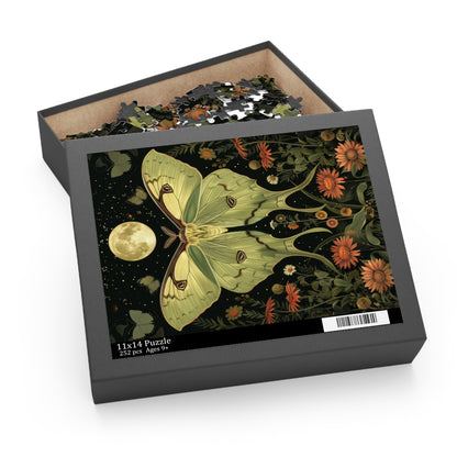 William Morris Inspired Magical Green Luna Moth Night Moon Puzzle Box (120, 252, 500-Piece) Family Jigsaw Puzzle, Puzzle Box Gift