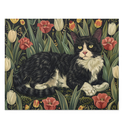 Tuxedo Cat Tulips Field in William Morris Style (120, 252, 500-Piece) Adult Jigsaw Puzzle, Gift Him Her