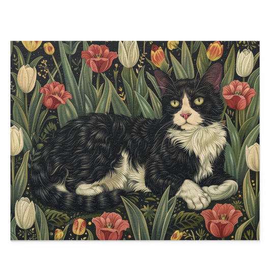 Tuxedo Cat Tulips Field in William Morris Style (120, 252, 500-Piece) Adult Jigsaw Puzzle, Gift Him Her