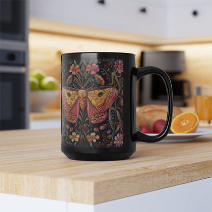 William Morris Inspired Botanical Pink Rosy Maple Moth Black Mug 11oz, 15 oz