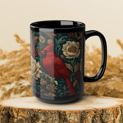 Red Cardinal Coffee Mug William Morris Inspired Floral Black Ceramic Cup (11oz, 15oz)