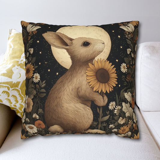 Moon Rabbit Pillowcase, Woodland Bunny Cushion with Sunflowers & Starry Night Sky, Cozy Cottagecore Home Décor