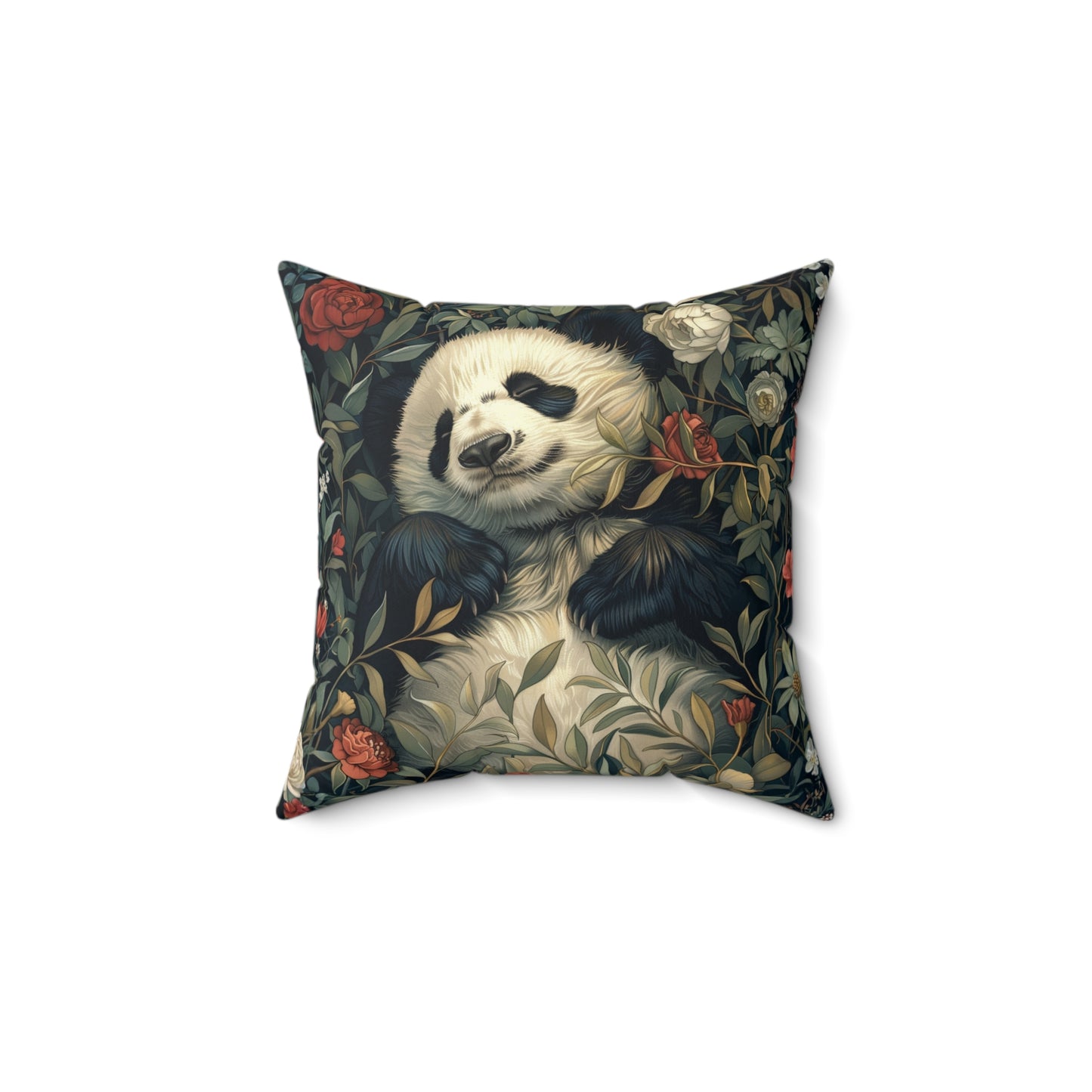 Panda Floral Decorative Pillow, Relaxed Garden Animal Throw Cushion
