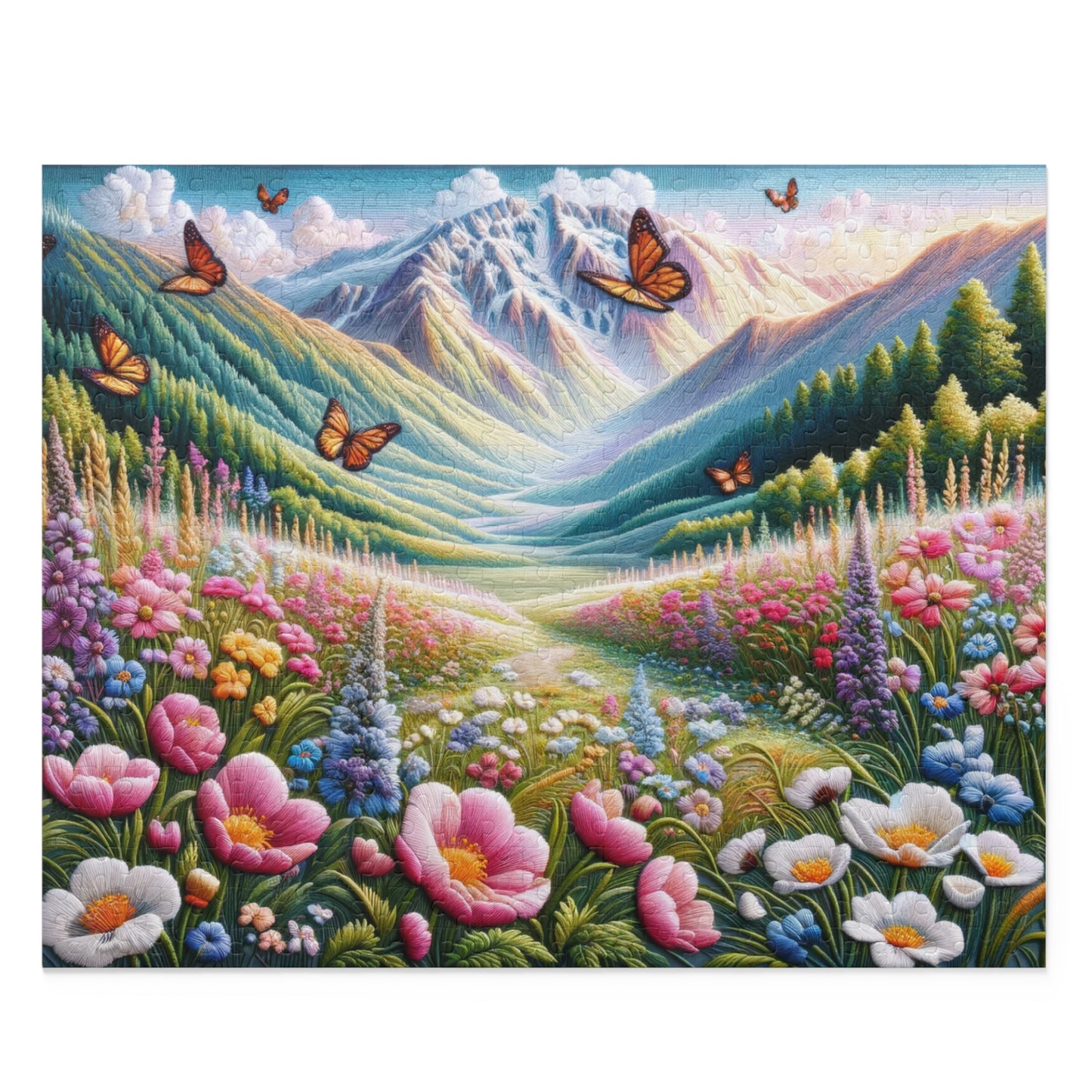 Field of Wildflowers and Butterflies Embroidered, Spring Scene Puzzle (120, 252, 500-Piece) Gift-Ready Box, Adult Jigsaw Puzzle