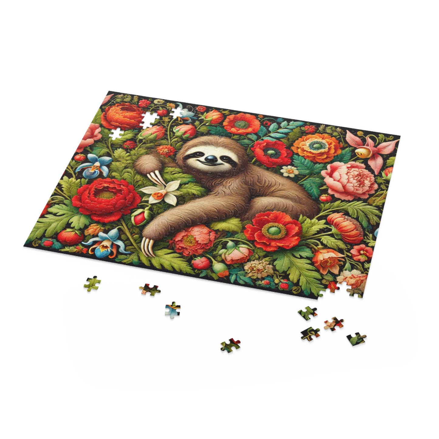 William Morris Inspired Cozy Sloth Floral Puzzle (120, 252, 500-Piece) Fun Family Activity, Nature Lover Gift, Perfect for Relaxation