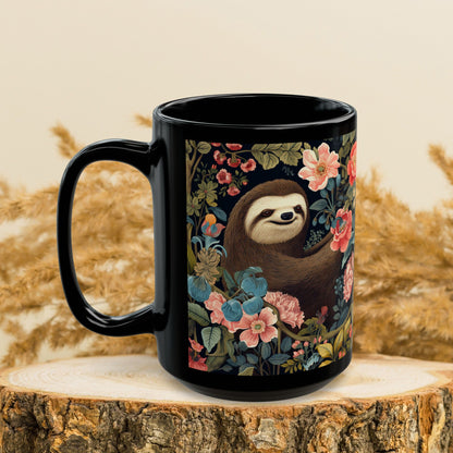 William Morris Inspired Floral Spring Sloth Black Mug