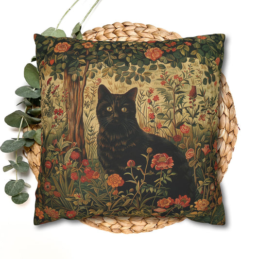 Vintage Black Cat Floral Garden Polyester Square Pillowcase, Art Deco Style Home Decor Pillowcase