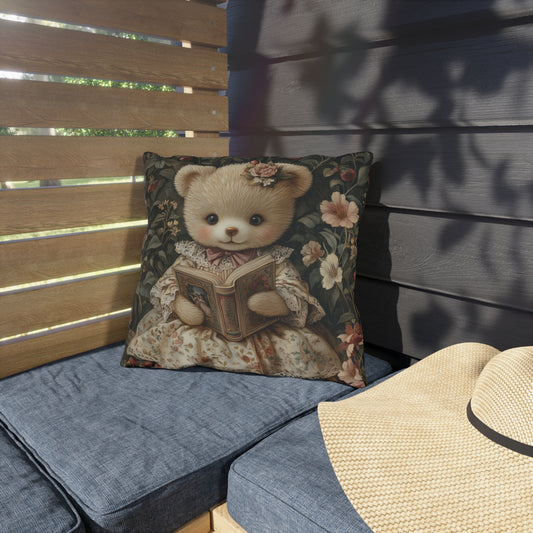 Cute Teddy Bear Reading Pillow, Vintage Nursery Throw Pillow, Cottagecore Bear Cushion, Storybook Animal Decor, Floral Kids Room Pillow, Whimsical Gift