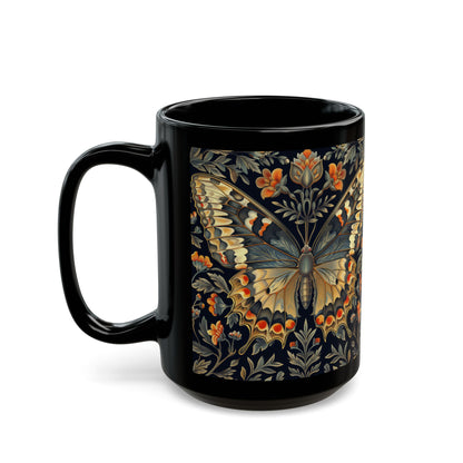 Beautiful Butterfly With Floral Motifs In The Style Of William Morris, Art Nouveau Design Black Mug 11oz, 15 oz