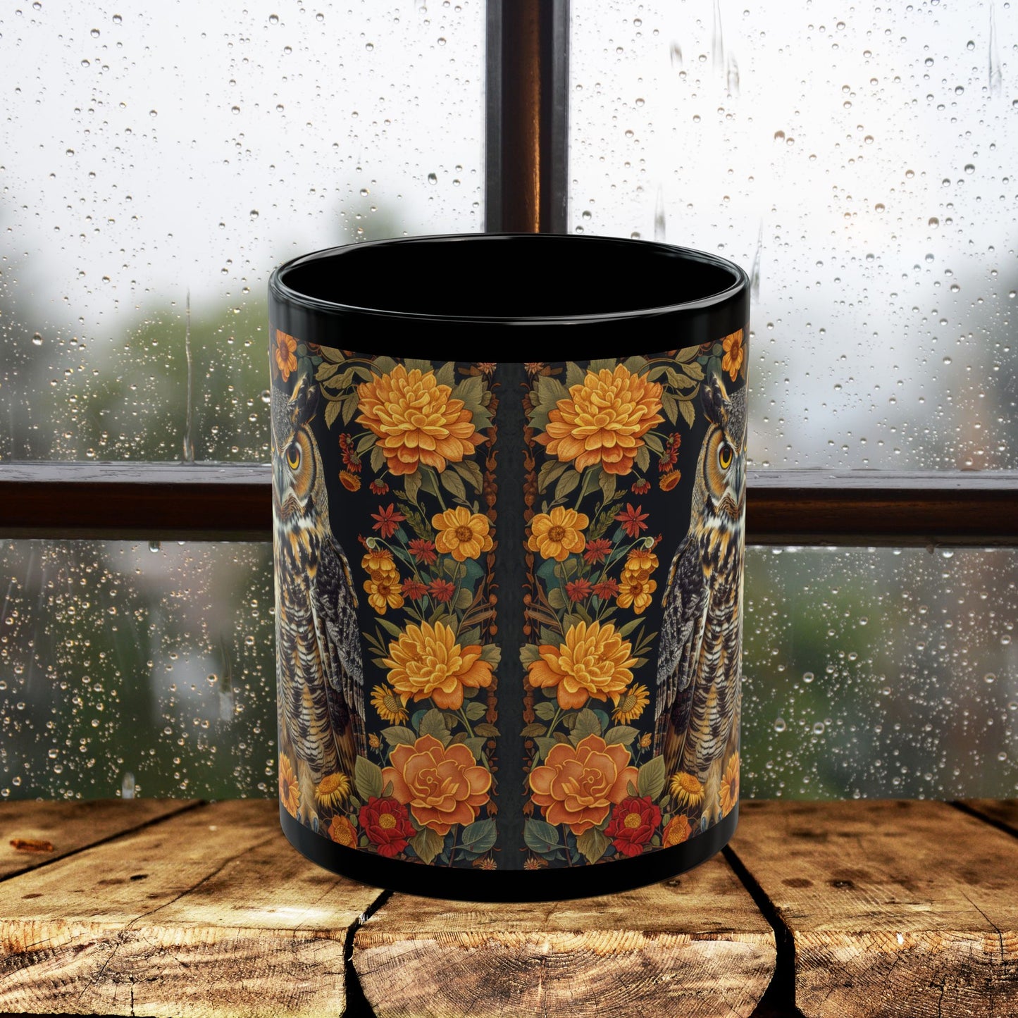 Autumn Great Horned Owl Black Coffee Mug, Fall Floral Wildlife Art, Woodland Animal Coffee Cup, Nature Lover Gift