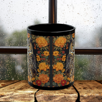Autumn Great Horned Owl Black Coffee Mug, Fall Floral Wildlife Art, Woodland Animal Coffee Cup, Nature Lover Gift