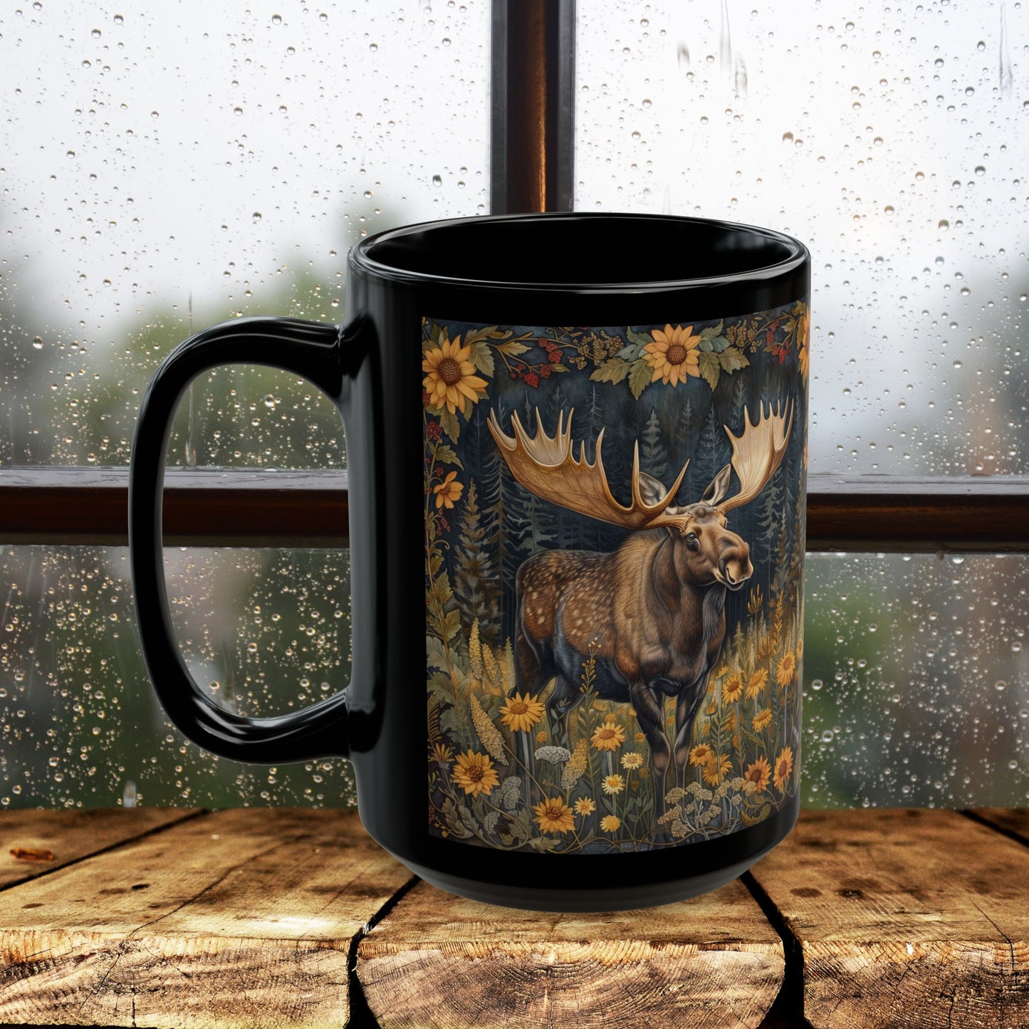 Moose Sunflower Coffee Mug: William Morris Inspired Nature Art