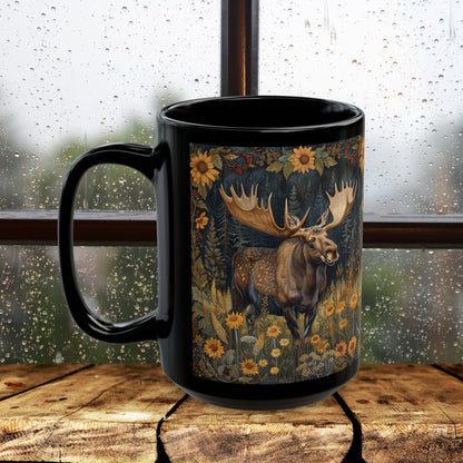 Moose Sunflower Coffee Mug: William Morris Inspired Nature Art