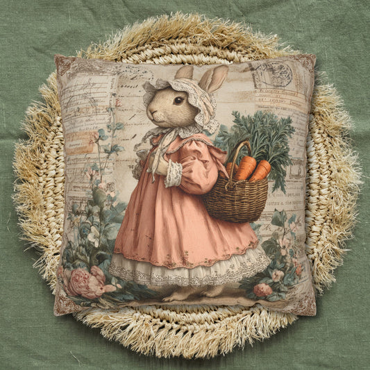 Vintage Bunny with Carrot Basket Pillowcase, Victorian Farm Garden Decor
