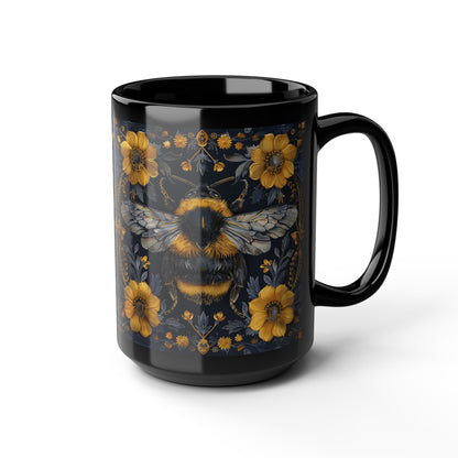 Bumblebee Gold Botanicals William Morris Inspired Black Coffee Mug For Her Him Ceramic Mug Black Mug 11oz, 15oz