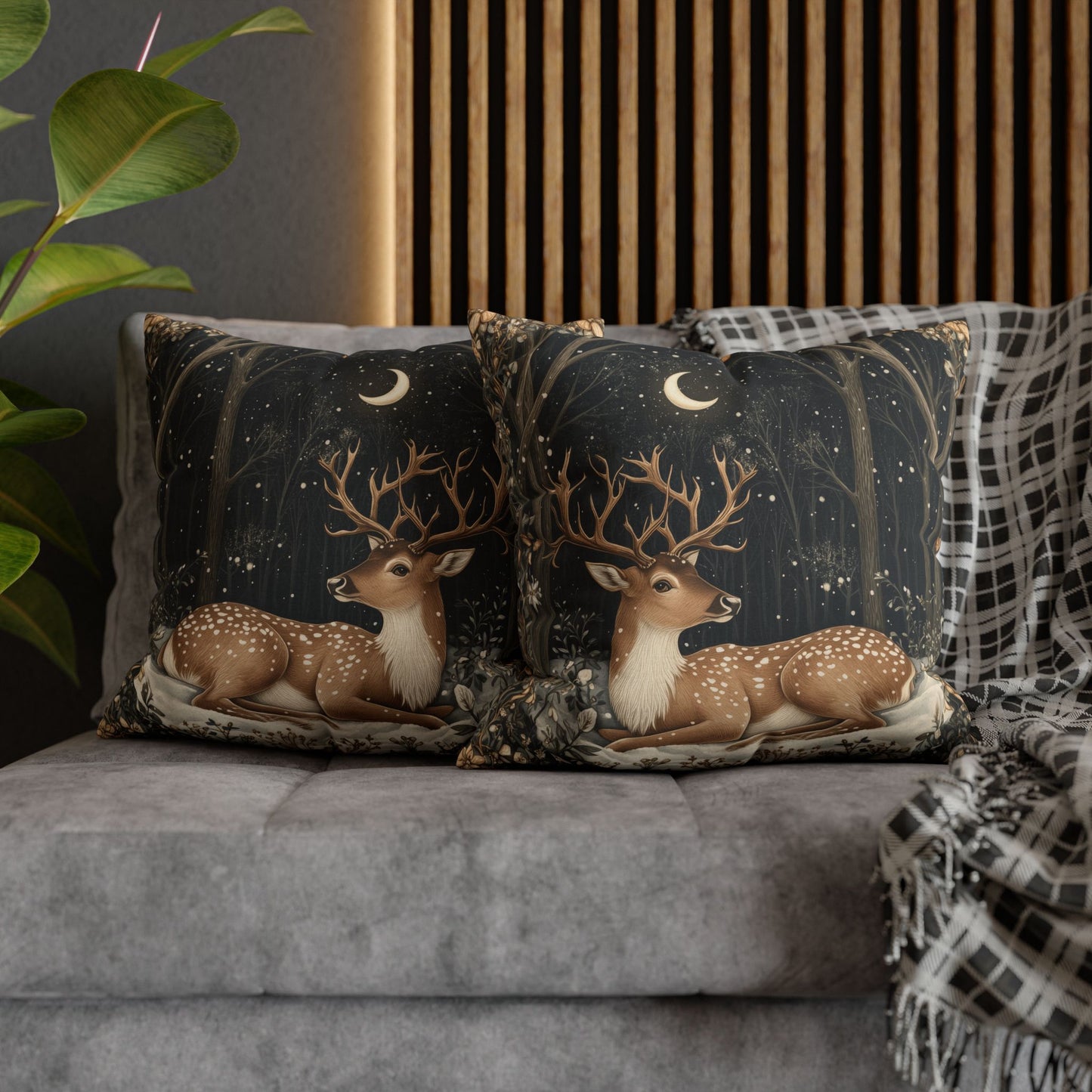 Winter Night Deer Throw Pillowcase, Crescent Moon Woodland Decorative Pillow