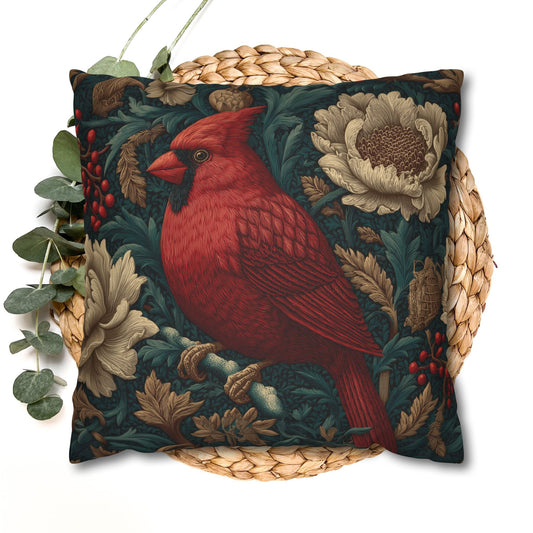 Vintage Cardinal Floral Pillowcase, William Morris Style Red Bird Cushion for Cozy Home Decor