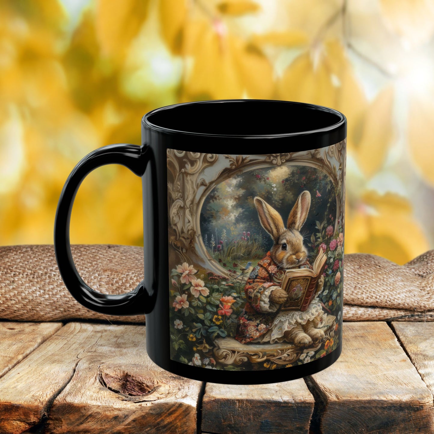 Whimsical Rabbit Black Mug, Easter Bunny Coffee Cup, Floral Decor Coffee Mug, Cute Animal Gift, Morning Tea Mug