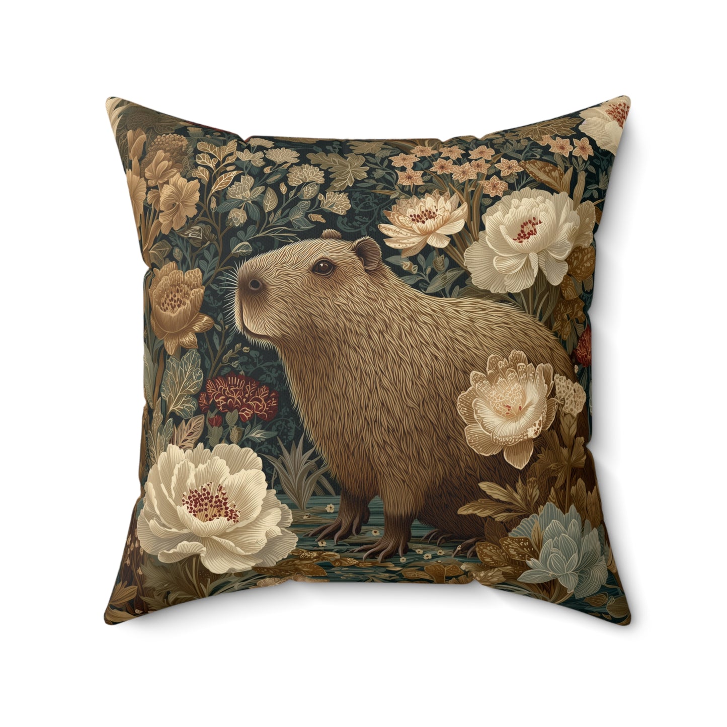 Capybara Botanical Pillow, William Morris Style Vintage Floral Animal Cushion