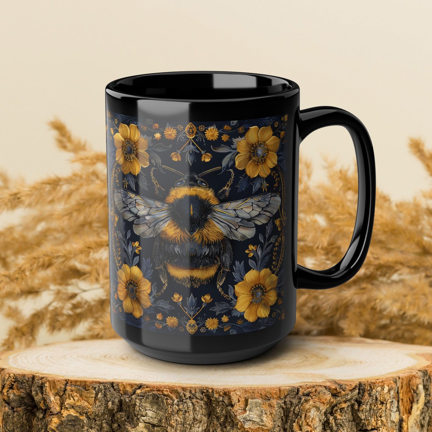 Bumblebee Gold Botanicals William Morris Inspired Black Coffee Mug For Her Him Ceramic Mug Black Mug 11oz, 15oz